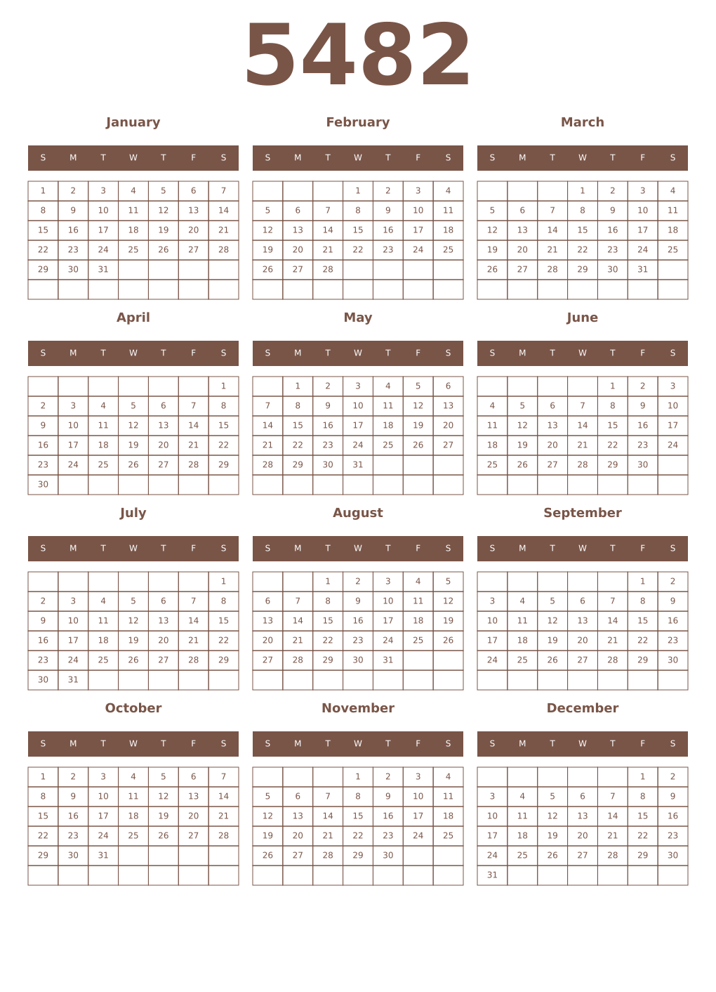Printable 5482 Year Calendars coffe