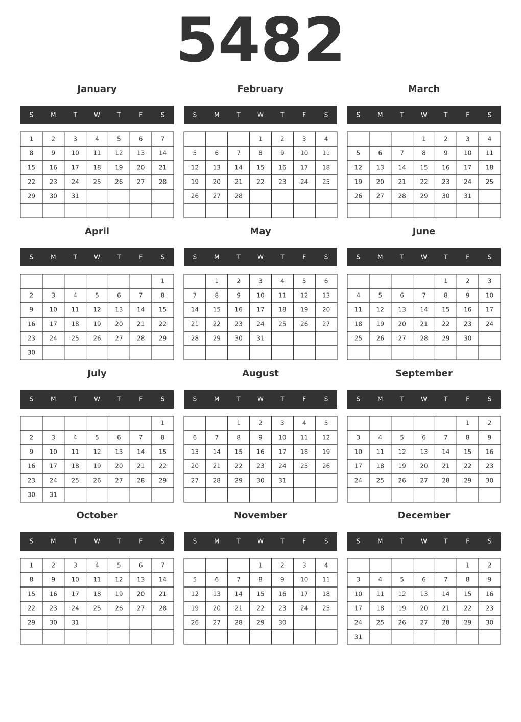 Printable 5482 Year Calendars dark