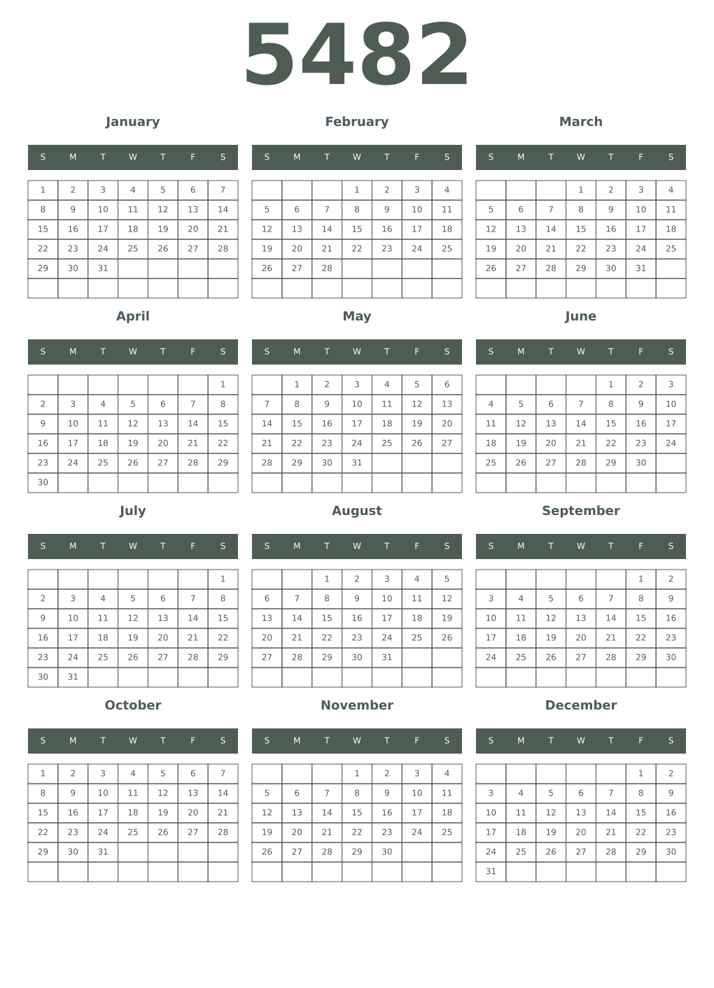Printable 5482 Year Calendars feldgrau