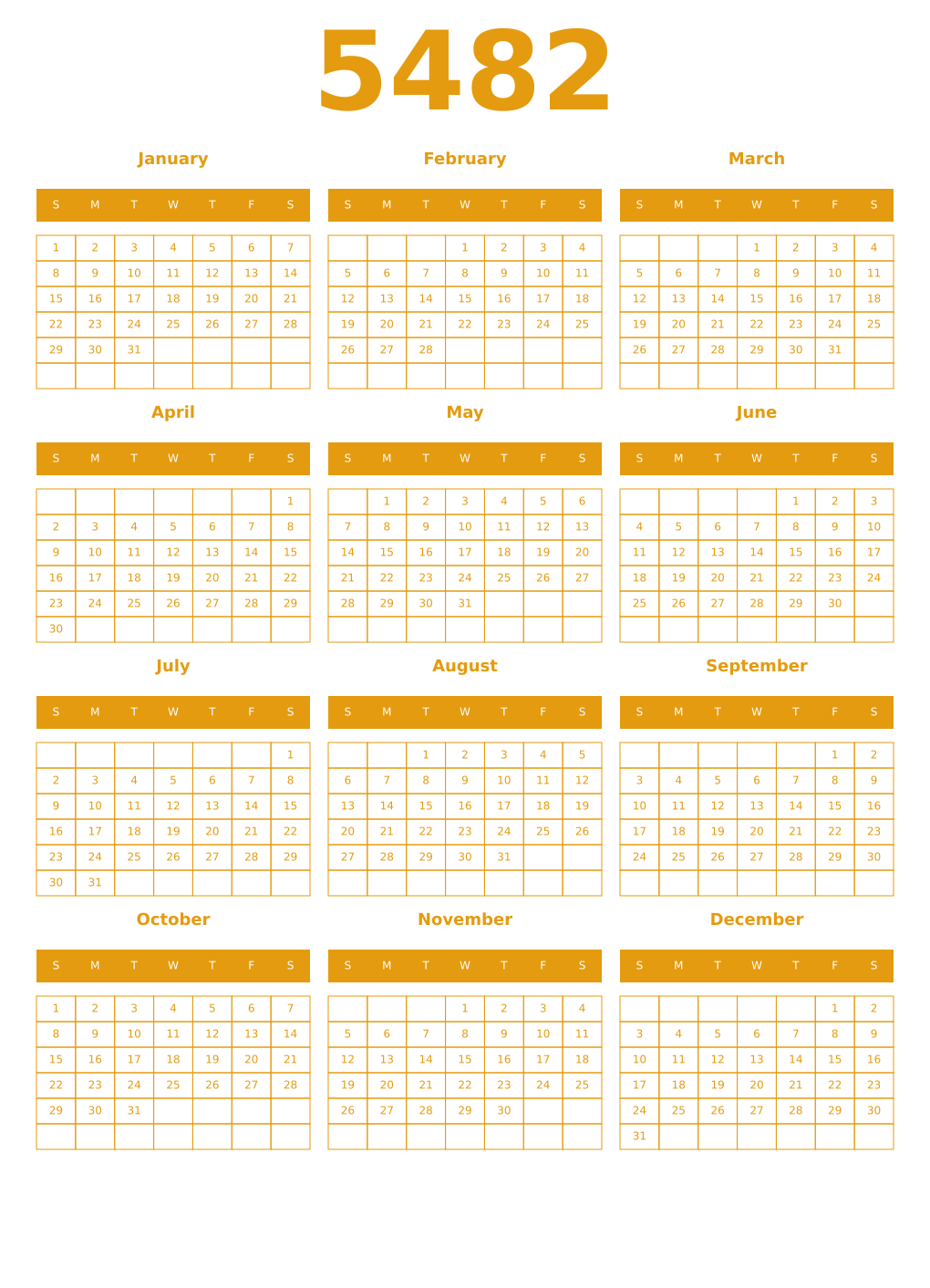 Printable 5482 Year Calendars gamboge