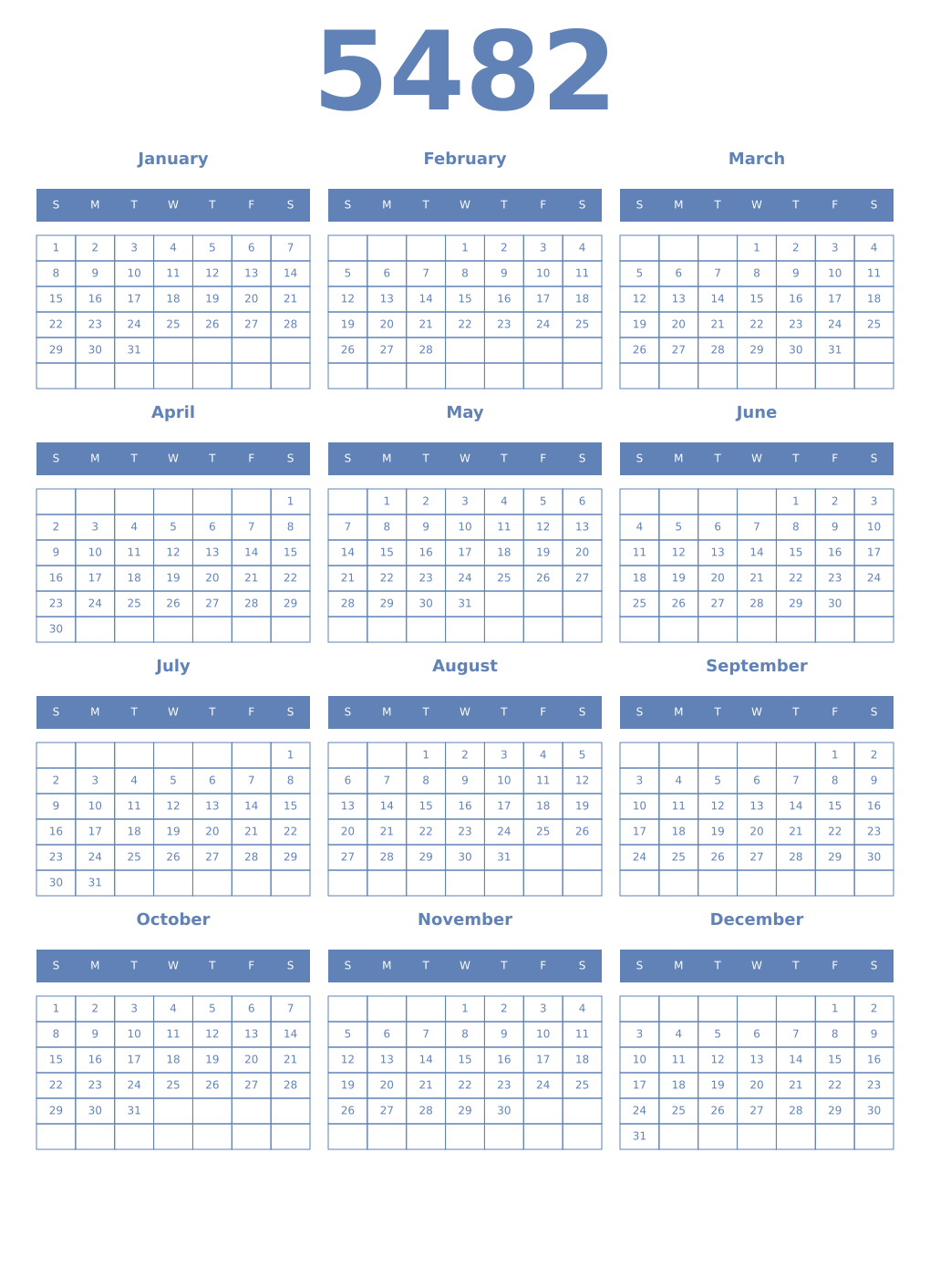 Printable 5482 Year Calendars glaucous