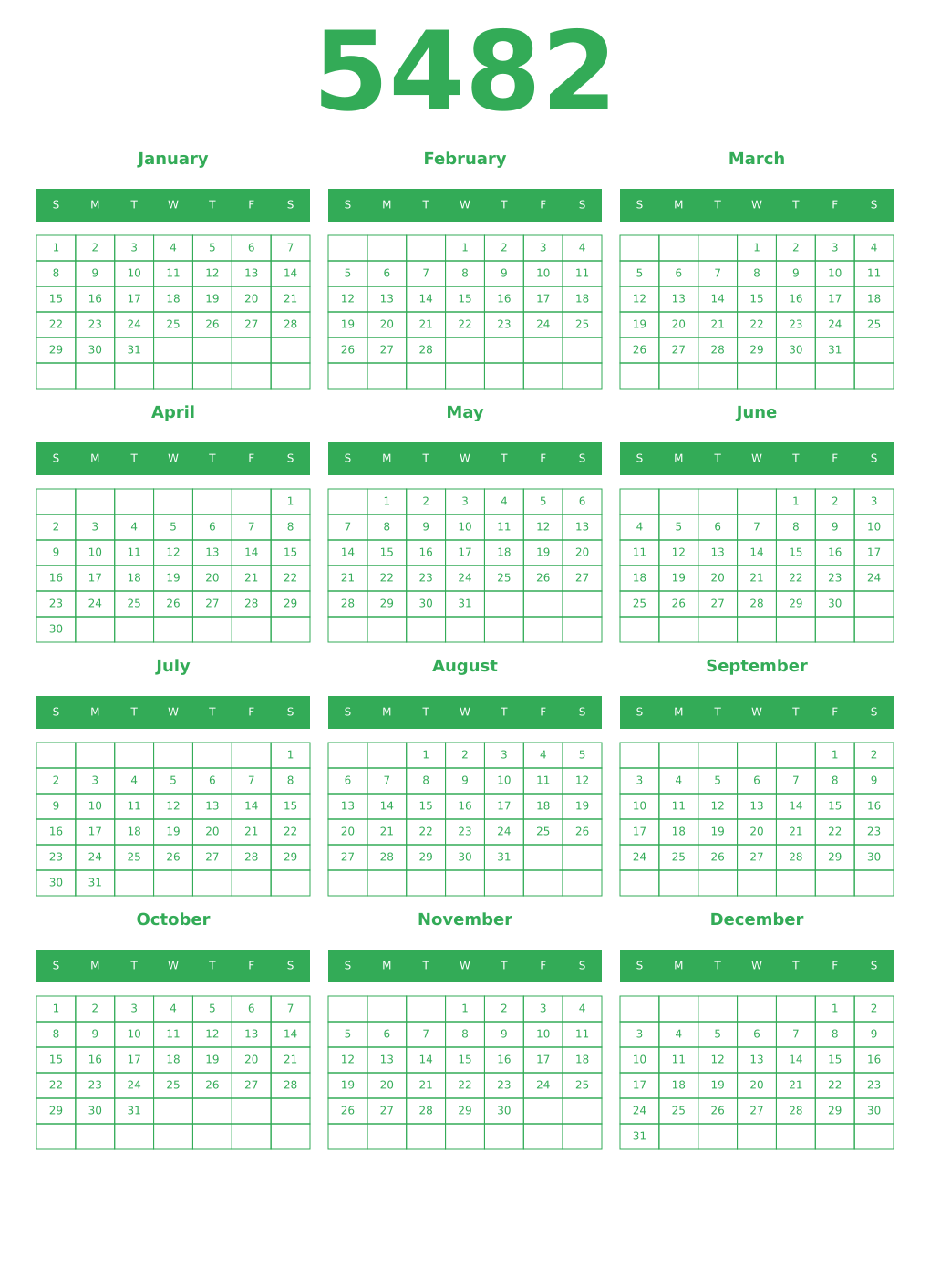 Printable 5482 Year Calendars green