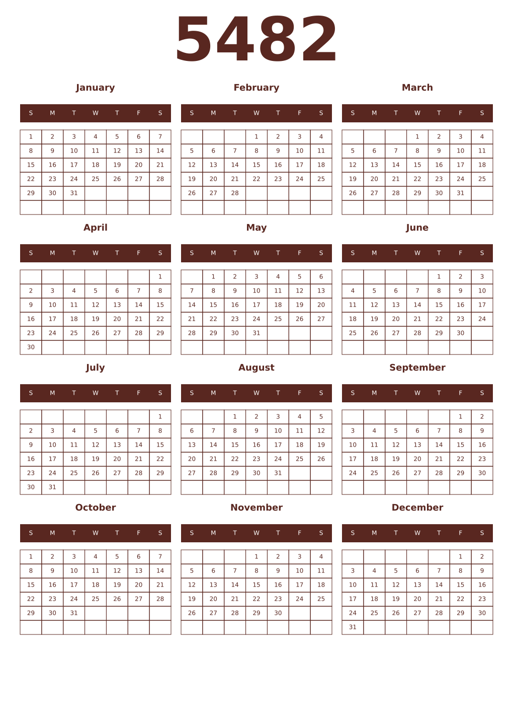Printable 5482 Year Calendars mortuum