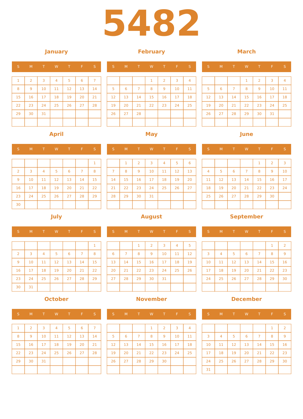 Printable 5482 Year Calendars orange