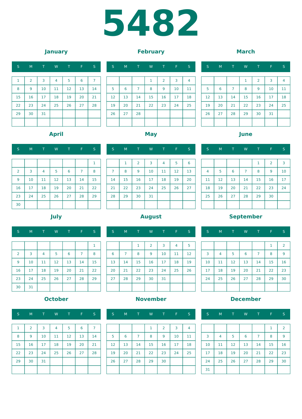 Printable 5482 Year Calendars pastel