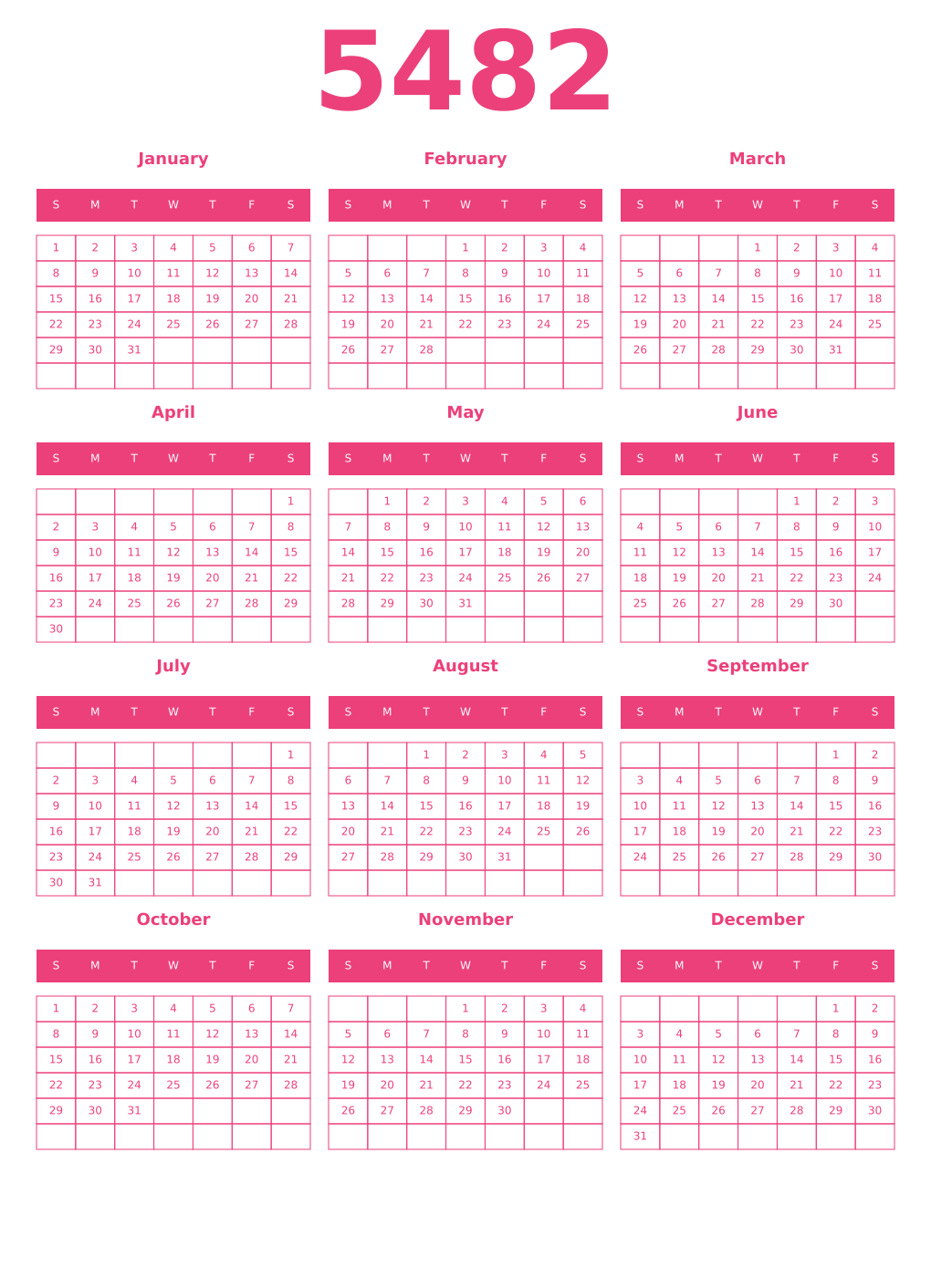 Printable 5482 Year Calendars pink