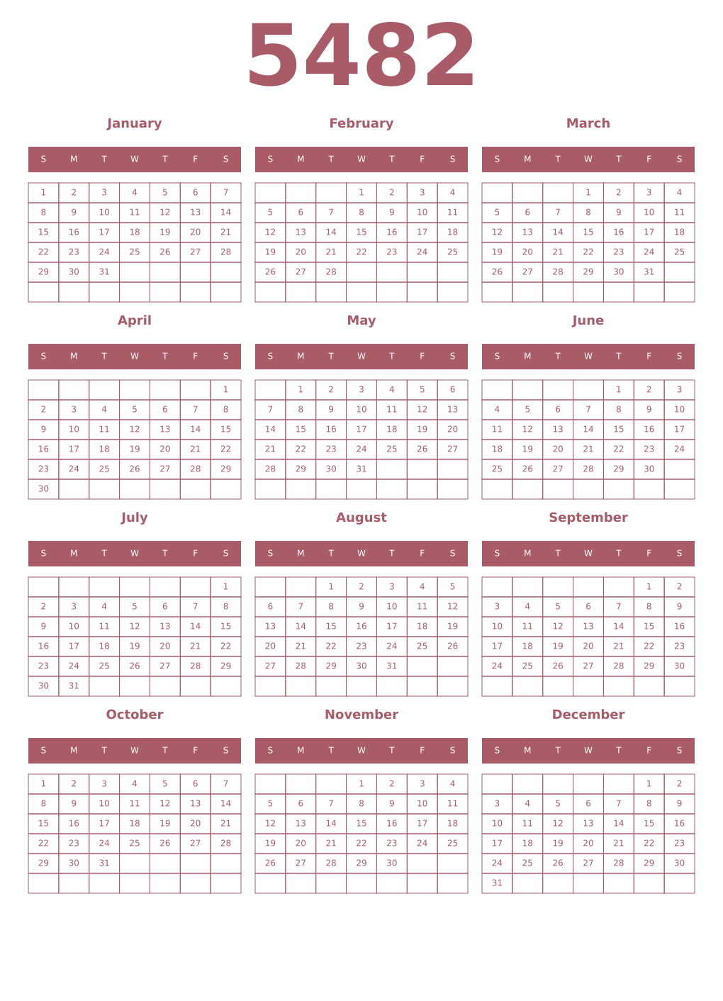 Printable 5482 Year Calendars puce