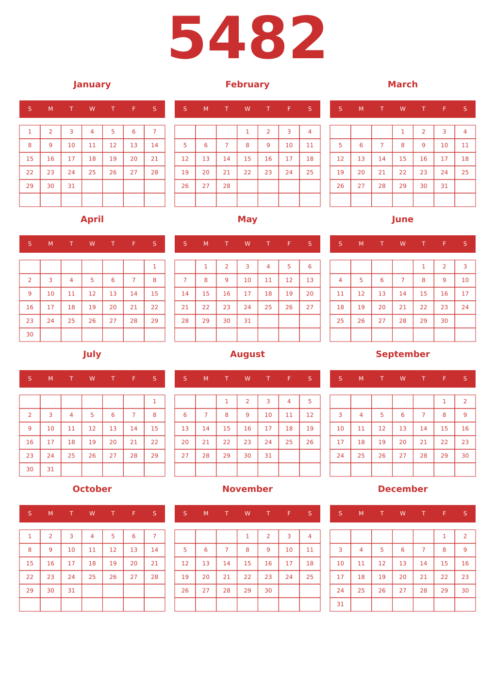 Printable 5482 Year Calendars red