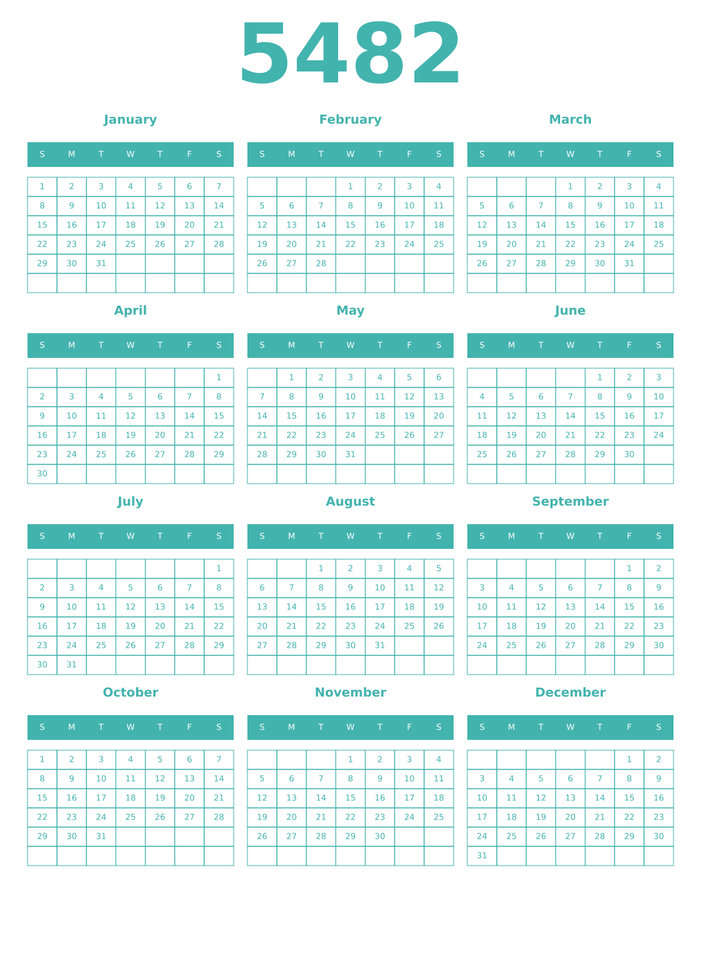 Printable 5482 Year Calendars verdigris