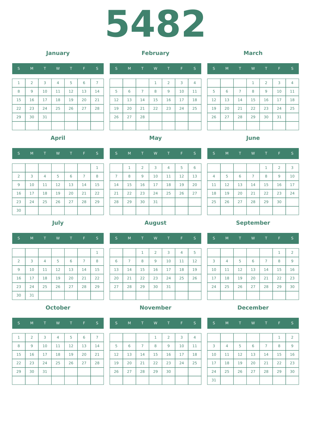 Printable 5482 Year Calendars viridian