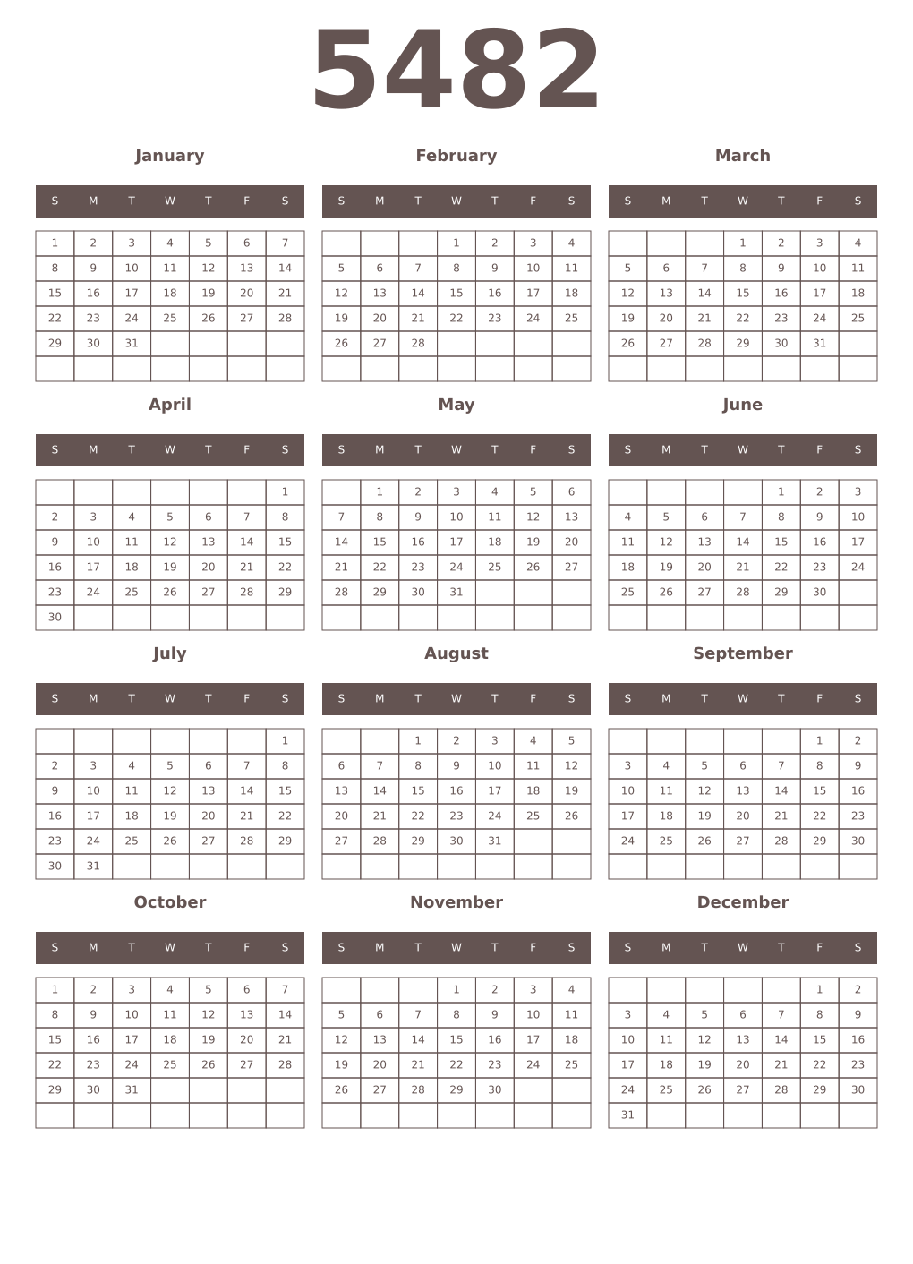 Printable 5482 Year Calendars wenge