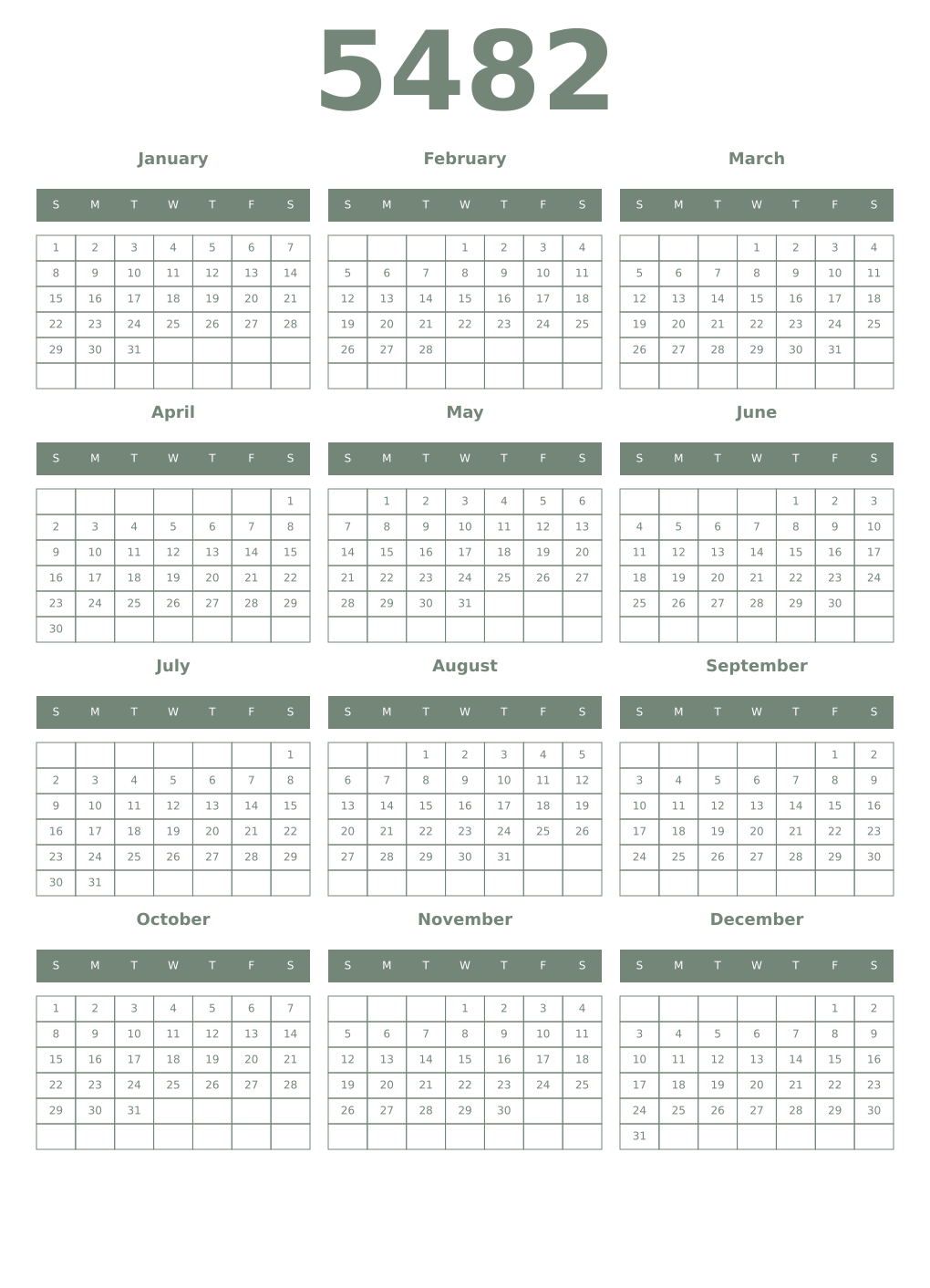 Printable 5482 Year Calendars xanadu