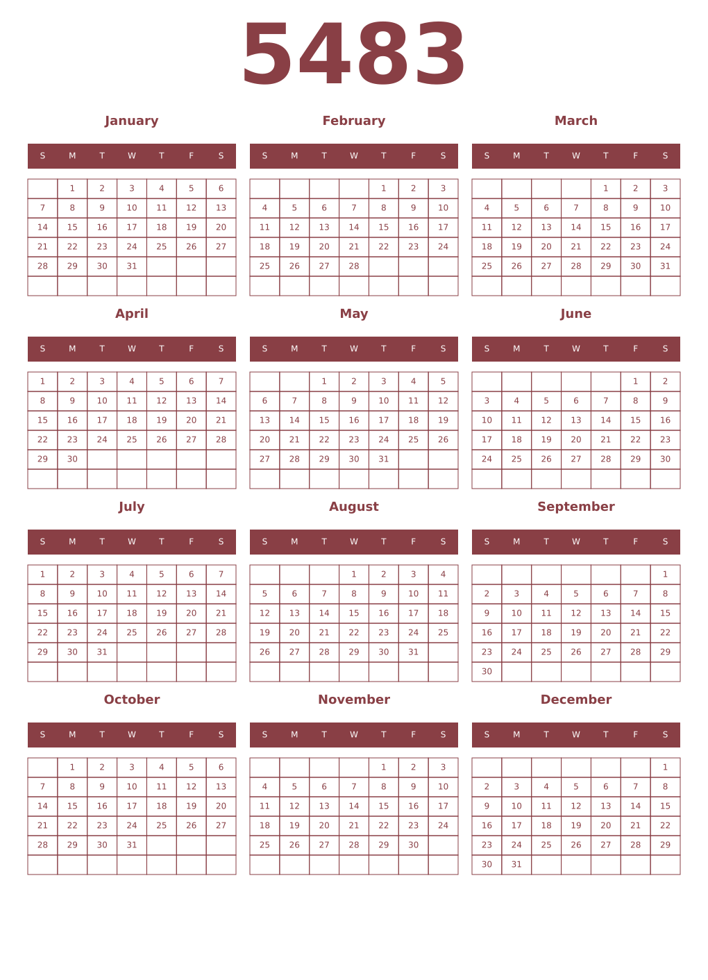 Printable 5483 Year Calendars cordovan