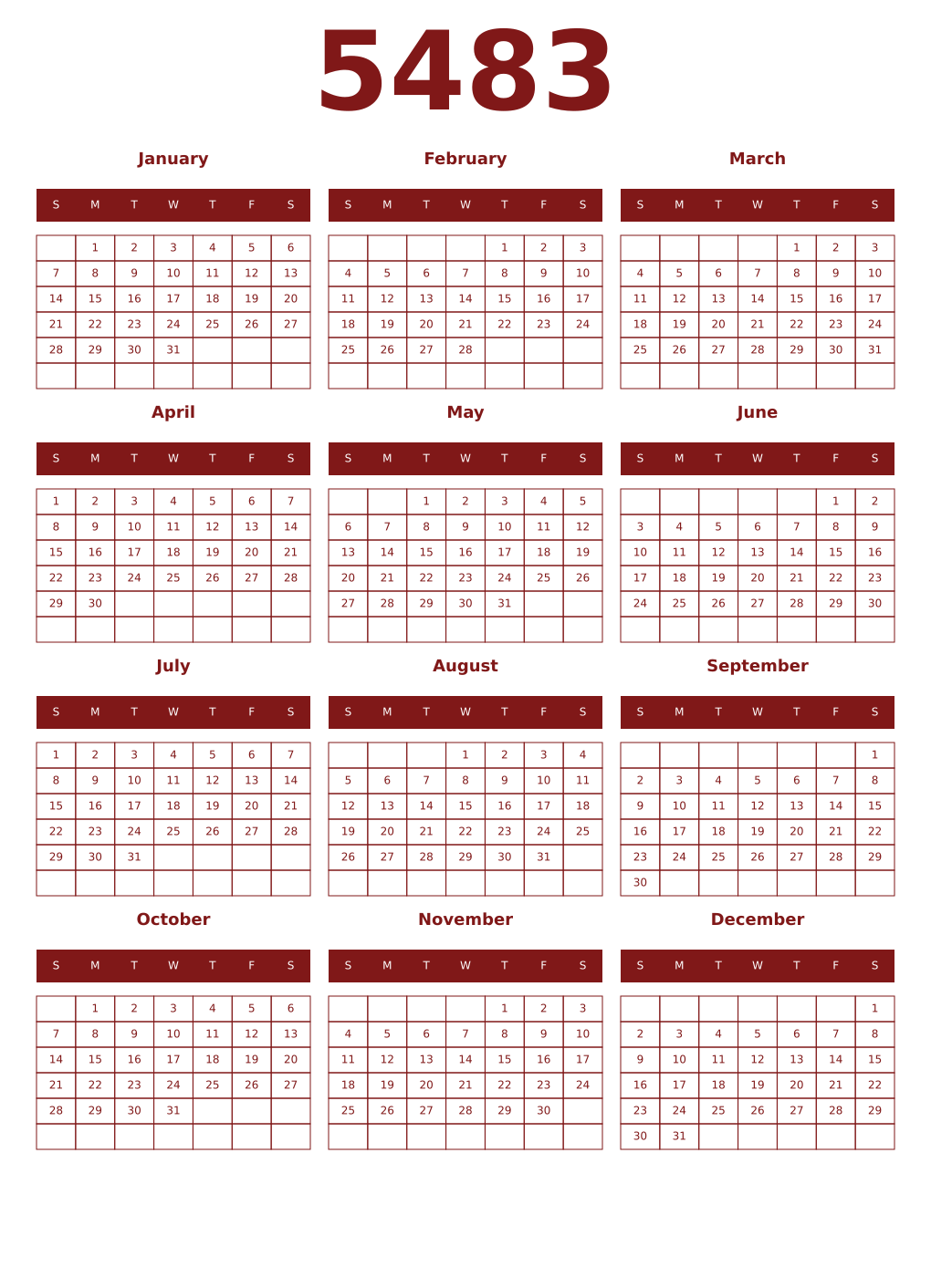 Printable 5483 Year Calendars falu