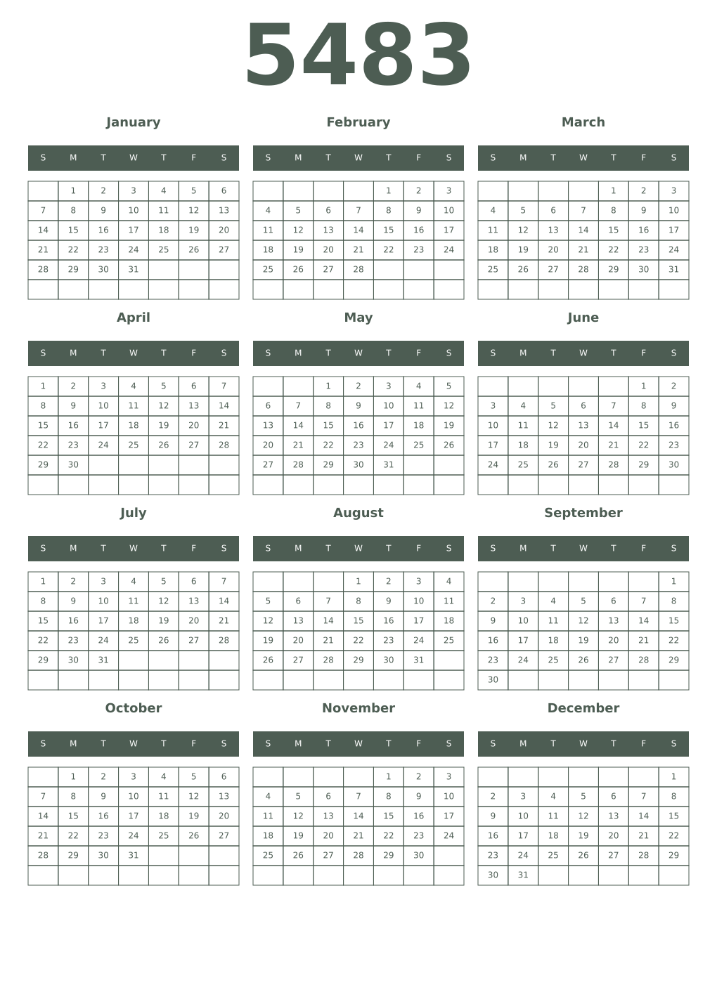 Printable 5483 Year Calendars feldgrau