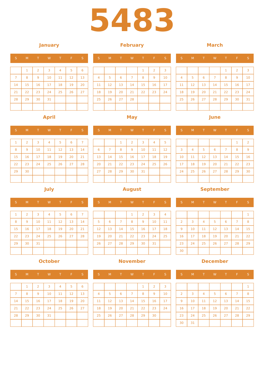 Printable 5483 Year Calendars orange