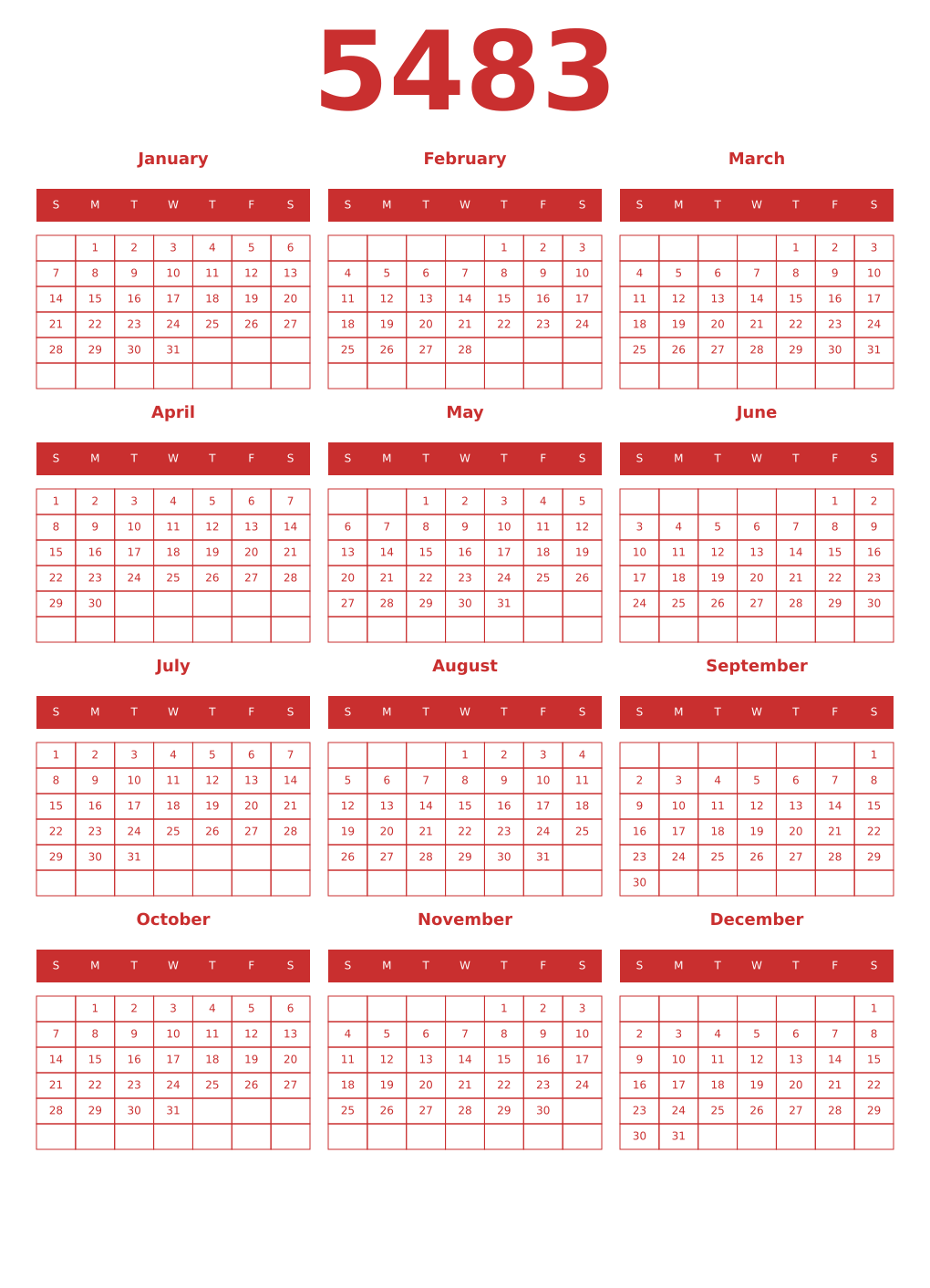 Printable 5483 Year Calendars red