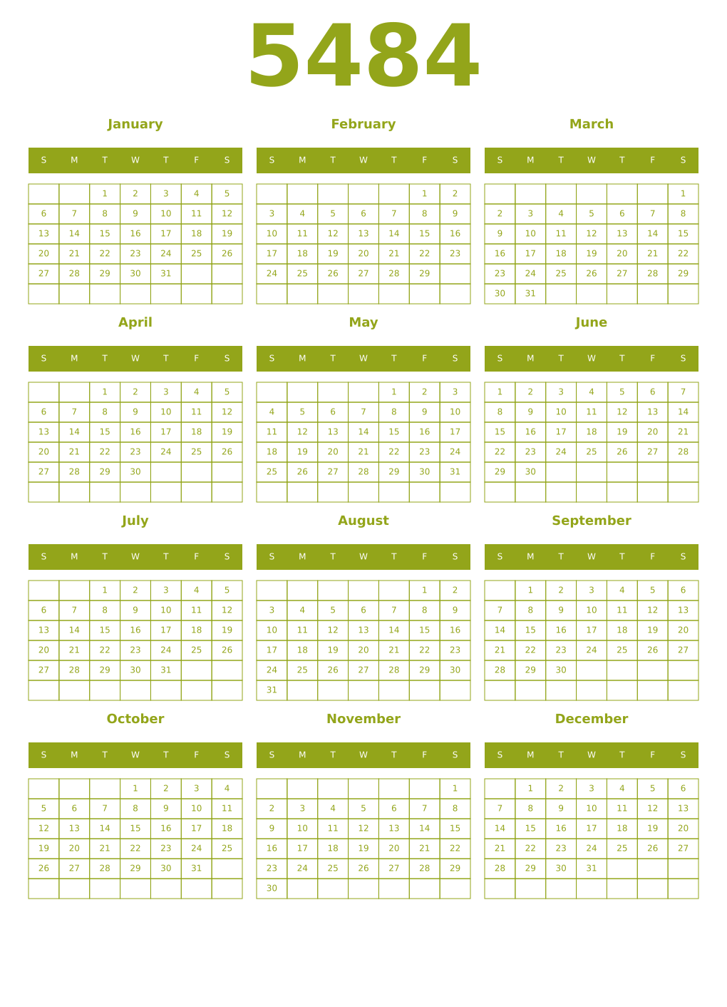 Printable 5484 Year Calendars chartreuse