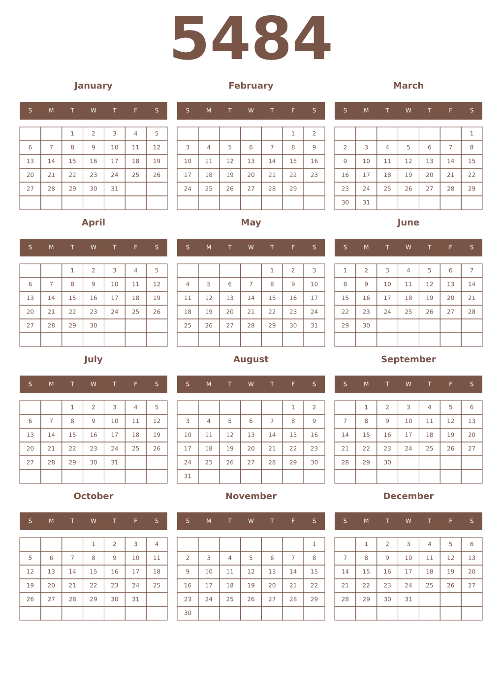 Printable 5484 Year Calendars coffe