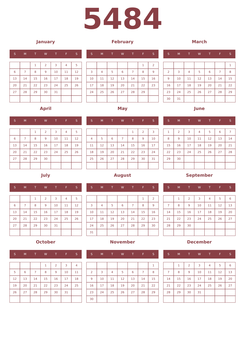 Printable 5484 Year Calendars cordovan