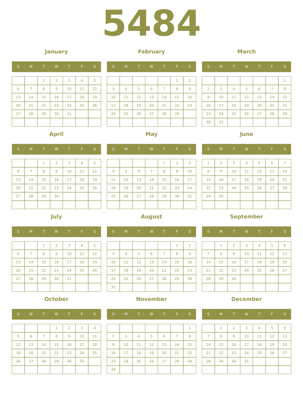Printable 5484 Year Calendars eburnean