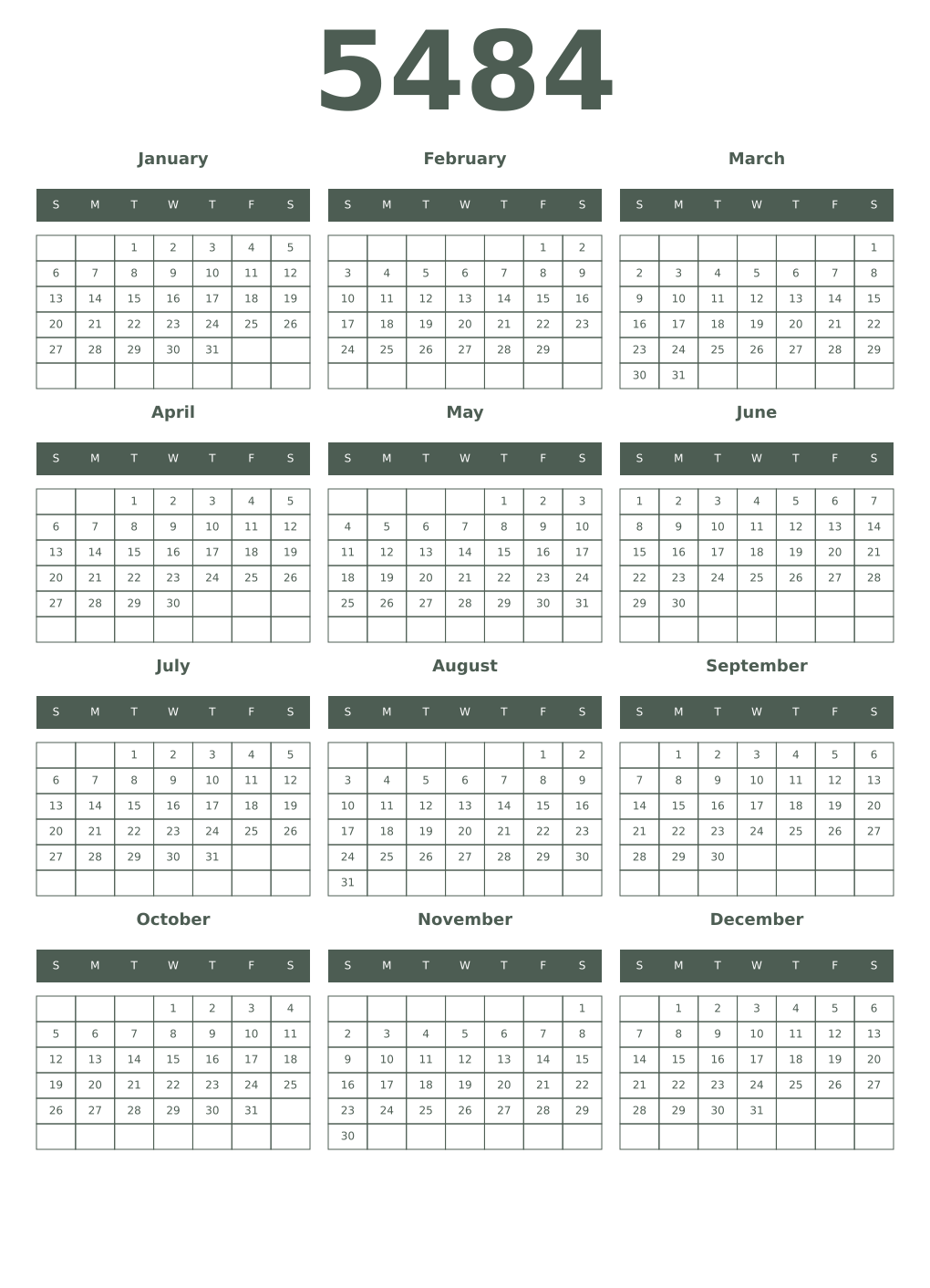 Printable 5484 Year Calendars feldgrau