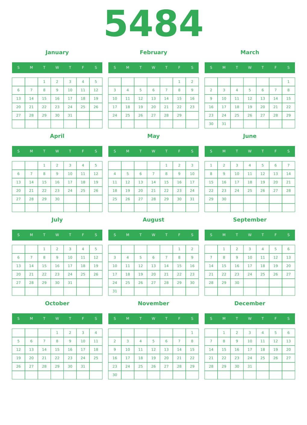 Printable 5484 Year Calendars green