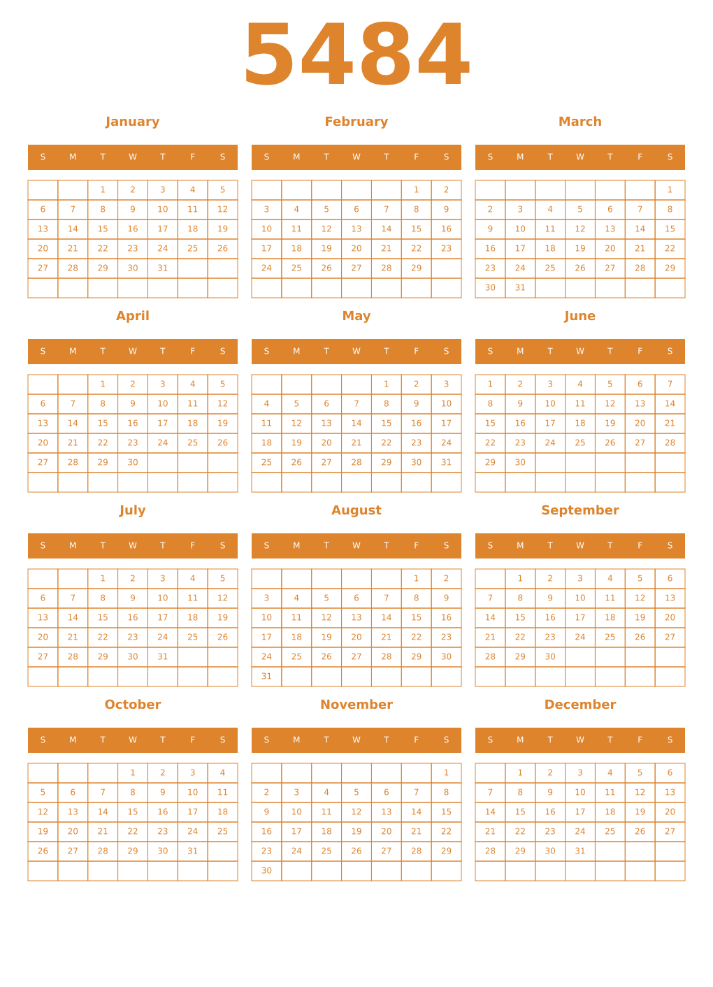 Printable 5484 Year Calendars orange
