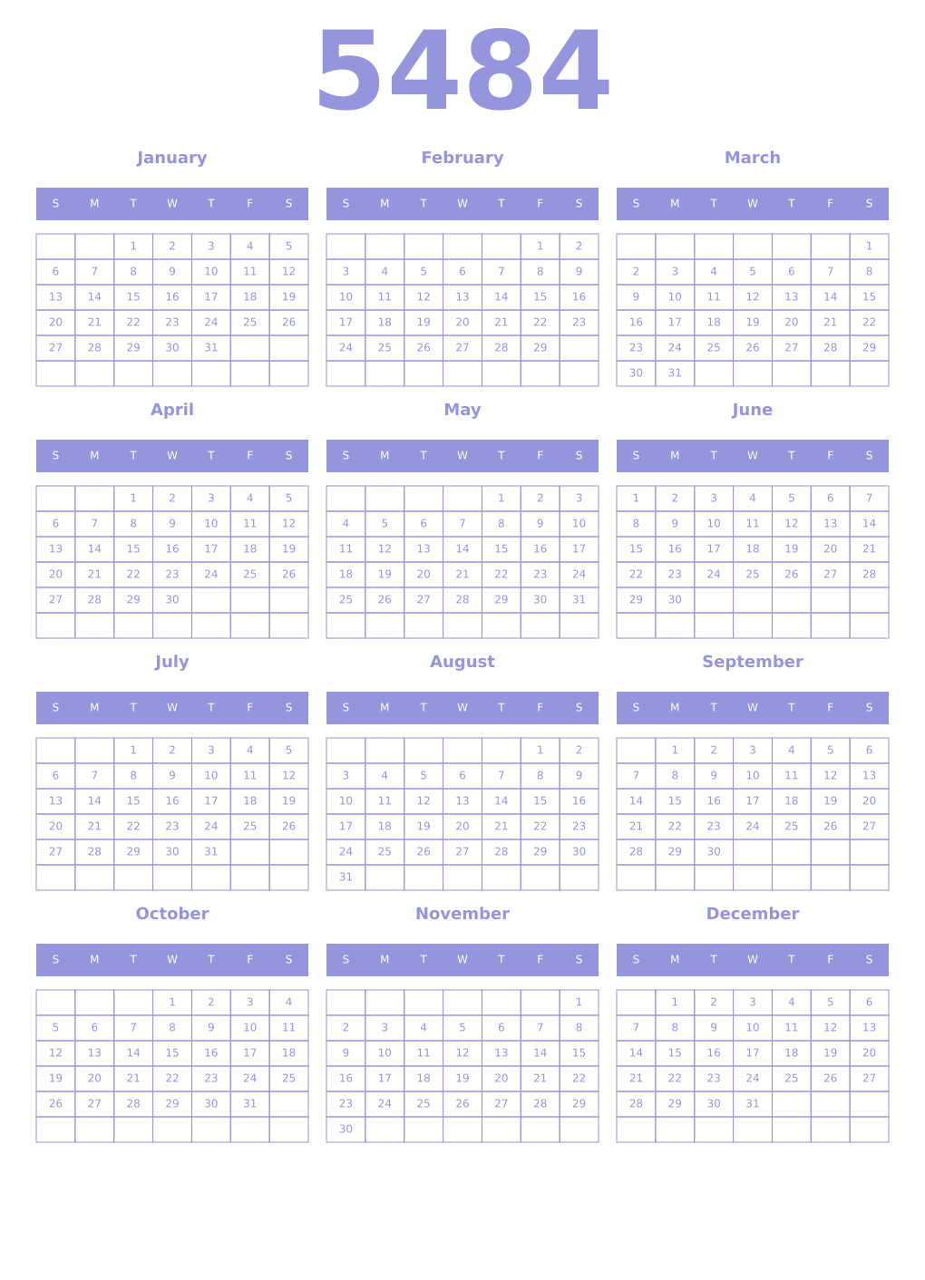 Printable 5484 Year Calendars periwinkle