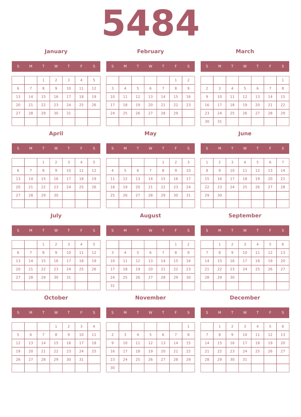 Printable 5484 Year Calendars puce