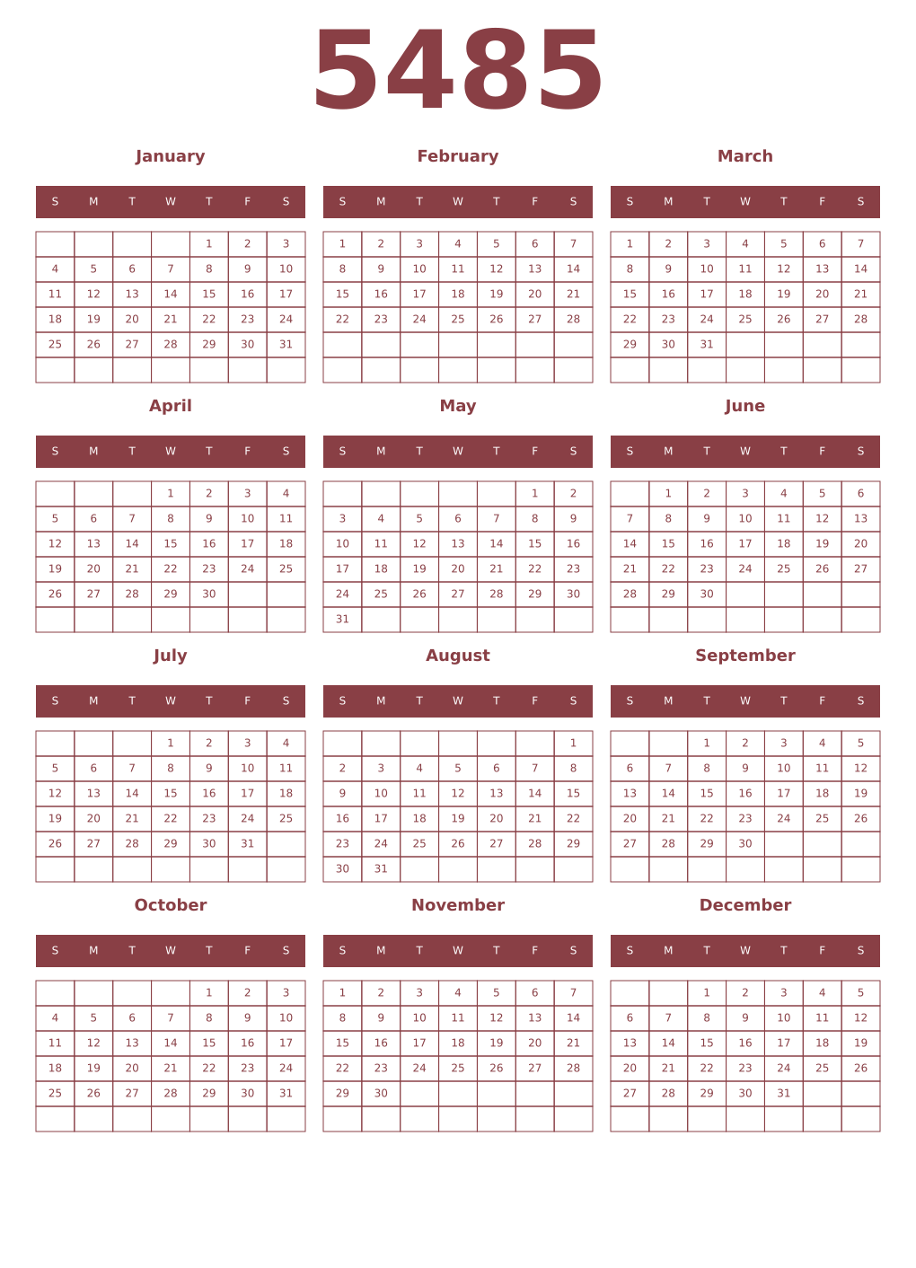 Printable 5485 Year Calendars cordovan