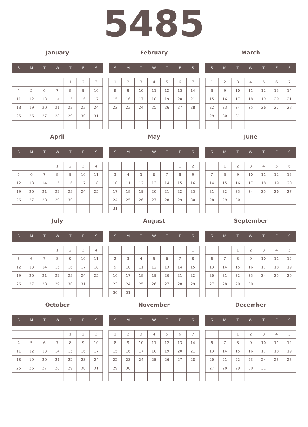 Printable 5485 Year Calendars wenge