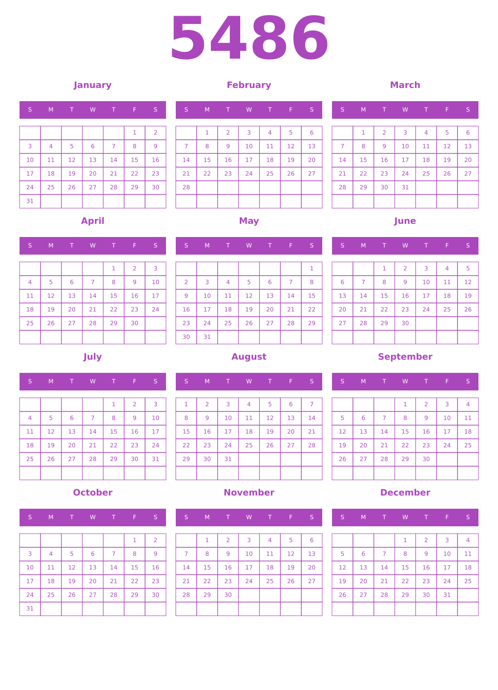 Printable 5486 Calendars