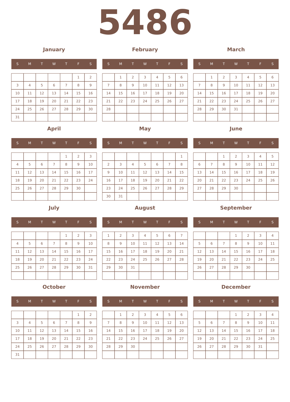 Printable 5486 Year Calendars coffe