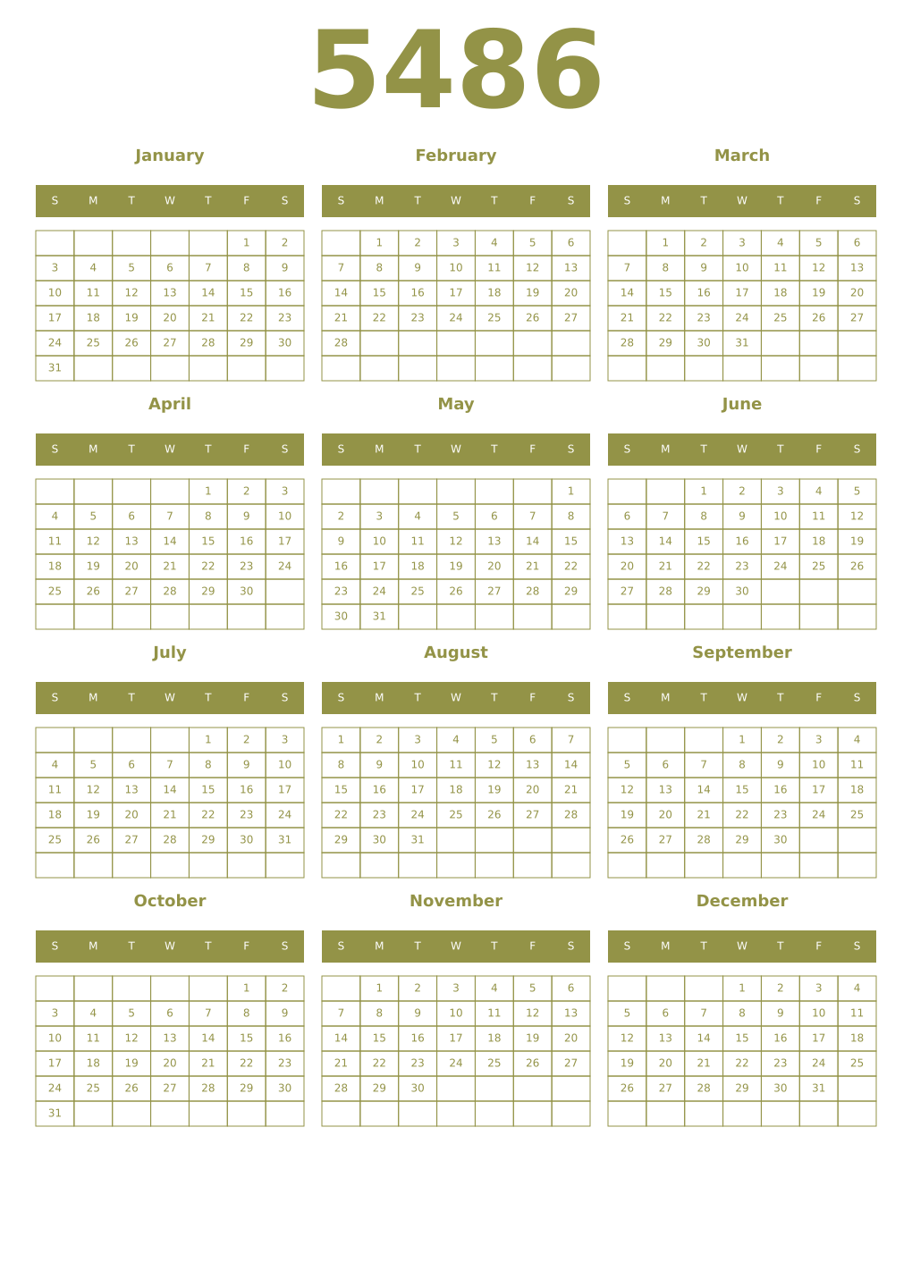 Printable 5486 Year Calendars eburnean