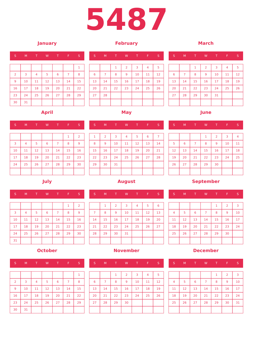 Printable 5487 Year Calendars amaranth