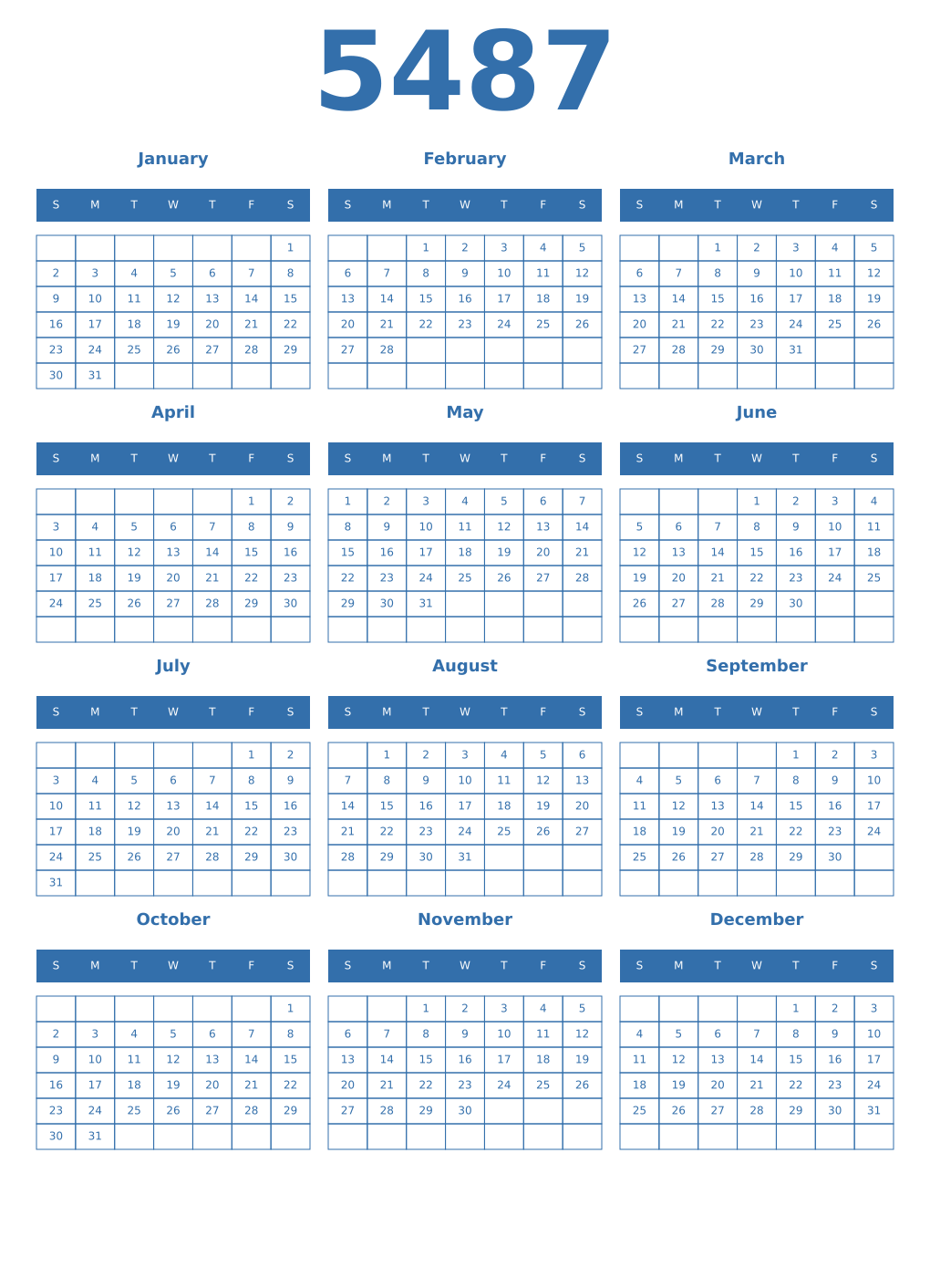 Printable 5487 Year Calendars blue