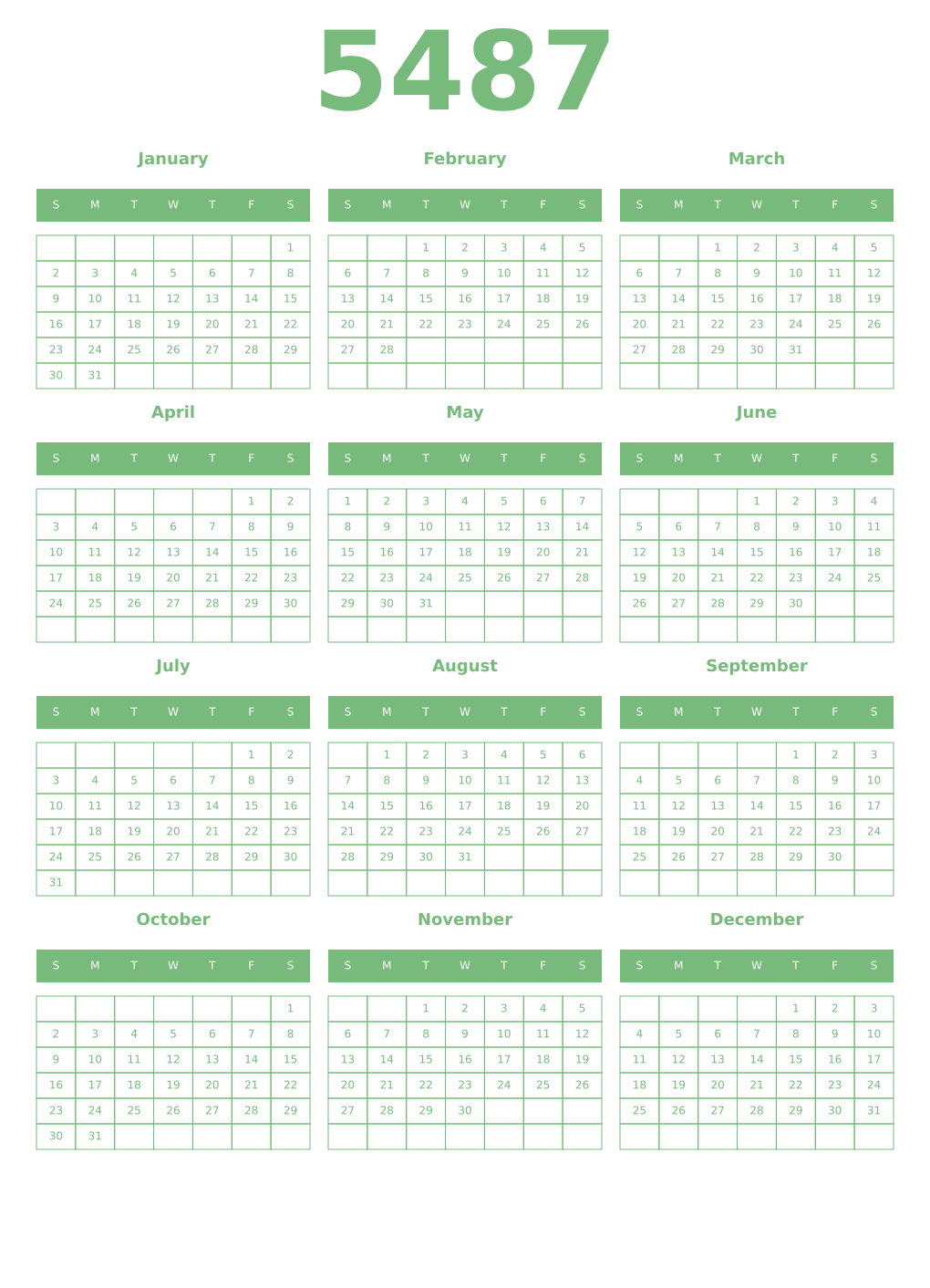 Printable 5487 Year Calendars celadon