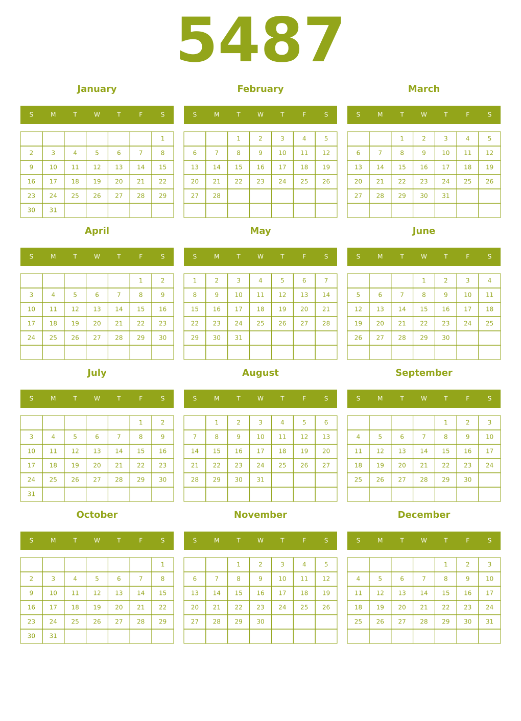 Printable 5487 Year Calendars chartreuse
