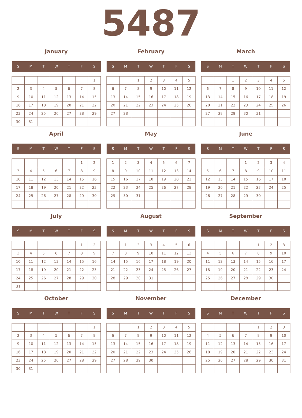 Printable 5487 Year Calendars coffe