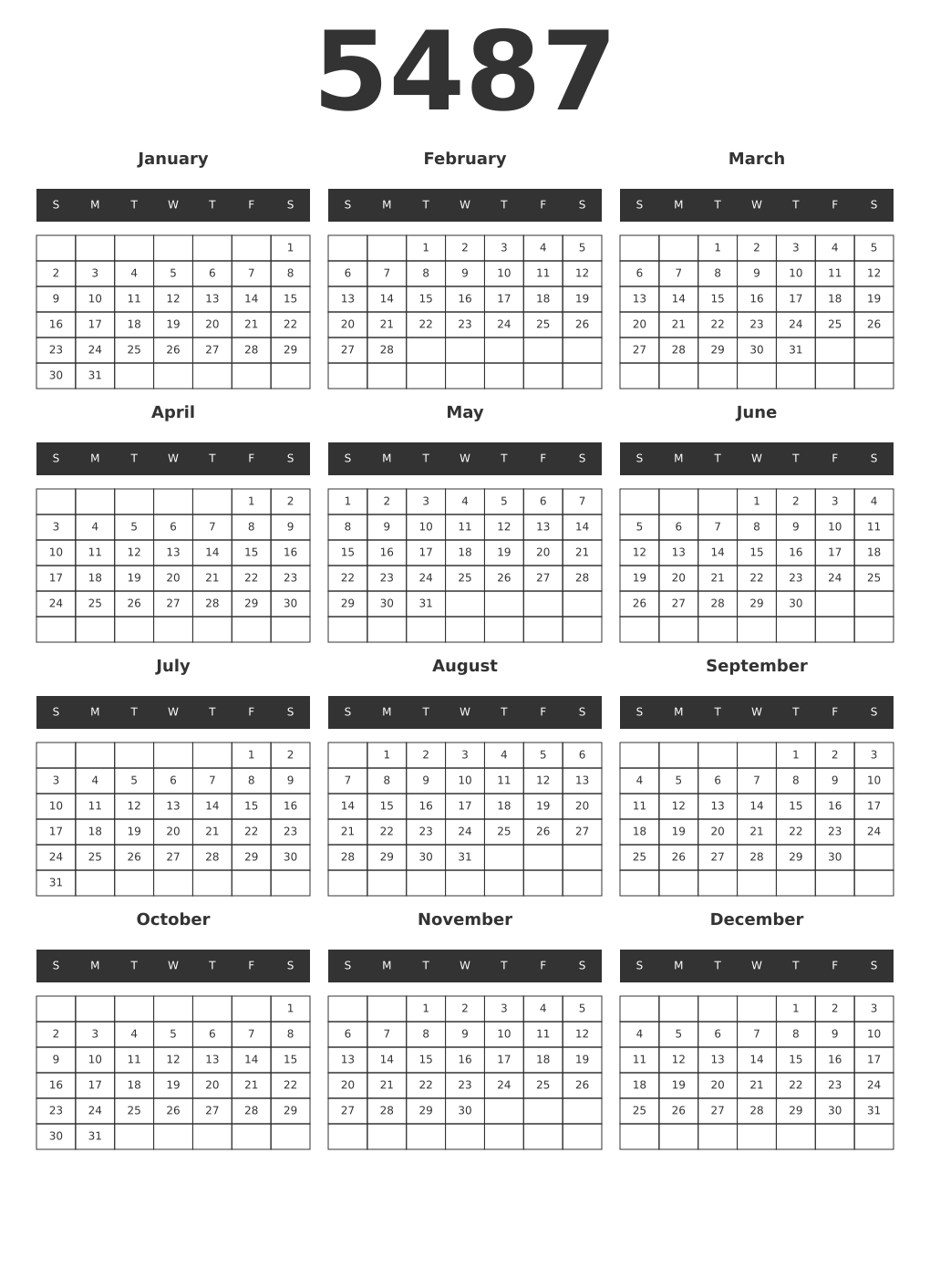 Printable 5487 Year Calendars dark