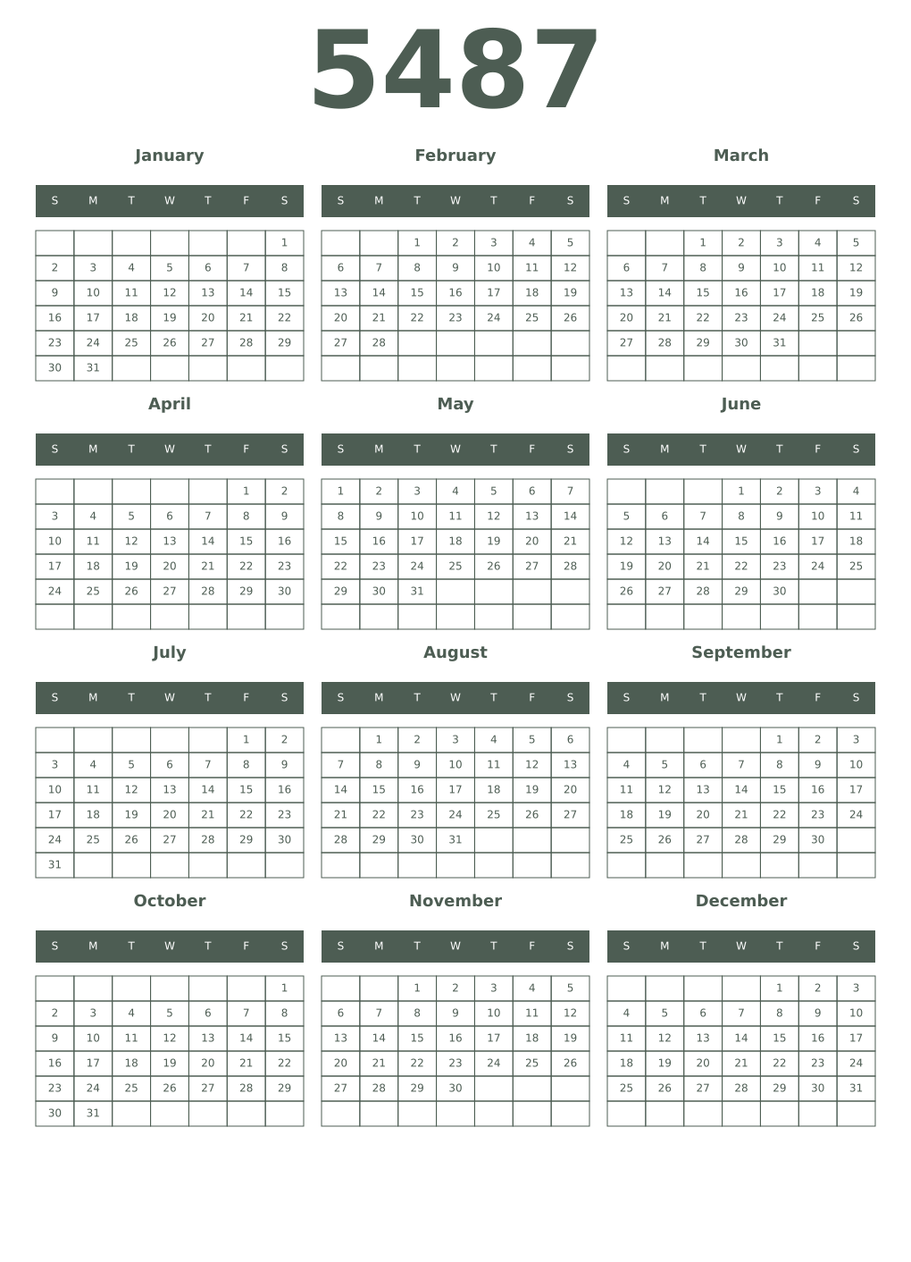 Printable 5487 Year Calendars feldgrau