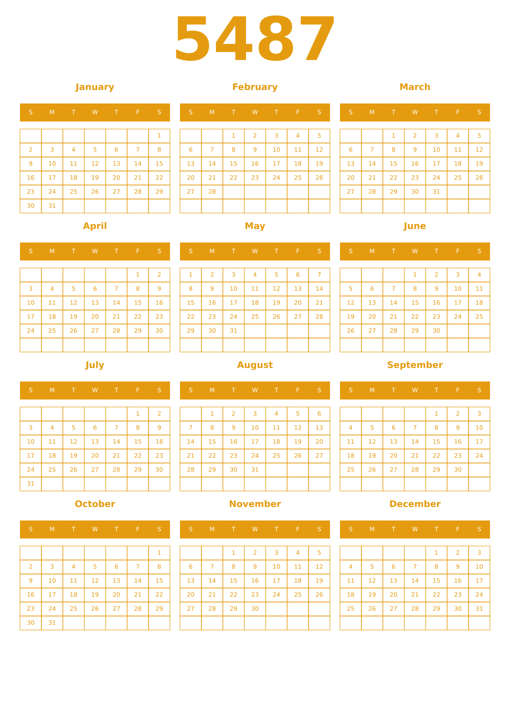 Printable 5487 Year Calendars gamboge