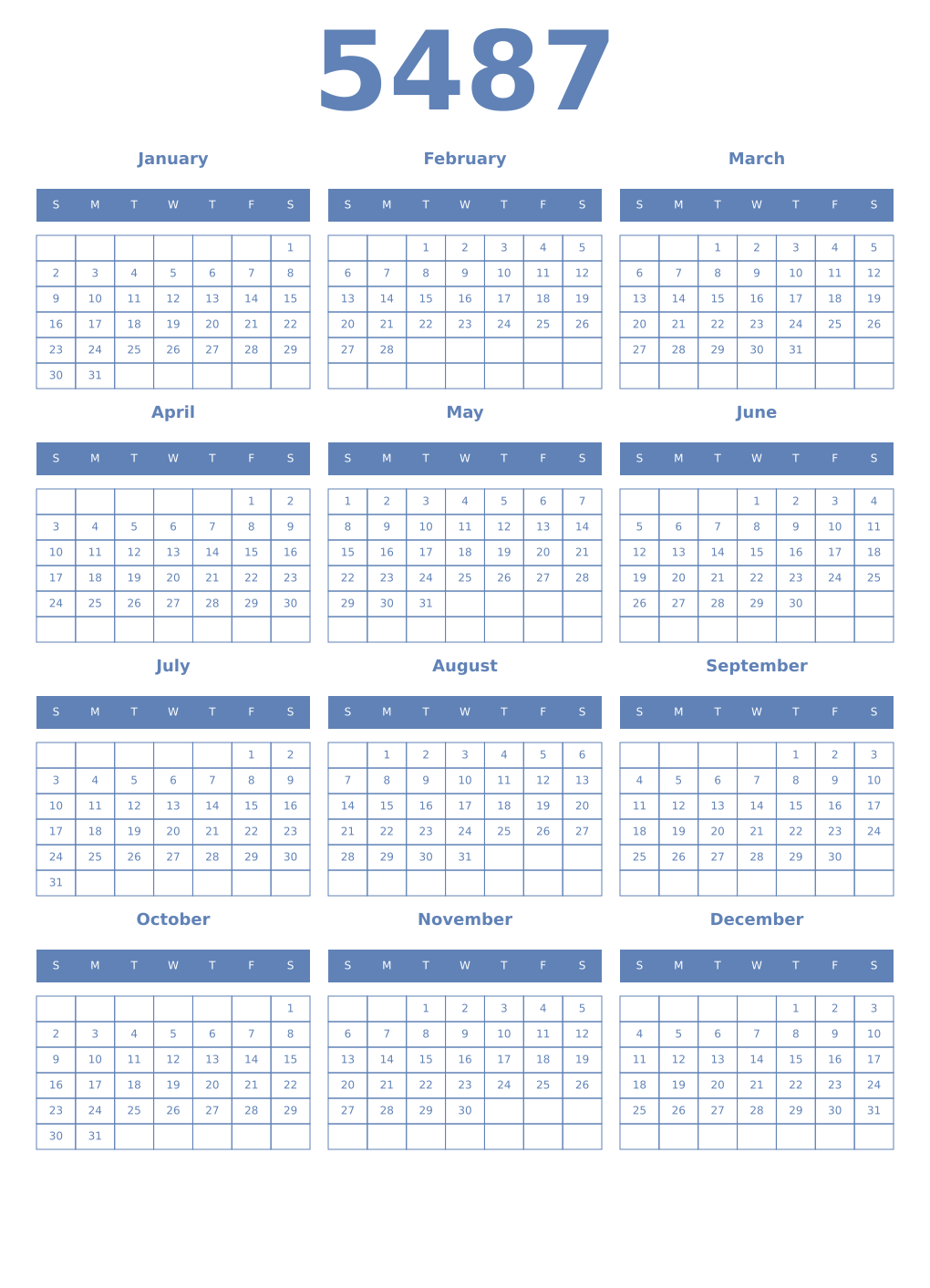 Printable 5487 Year Calendars glaucous