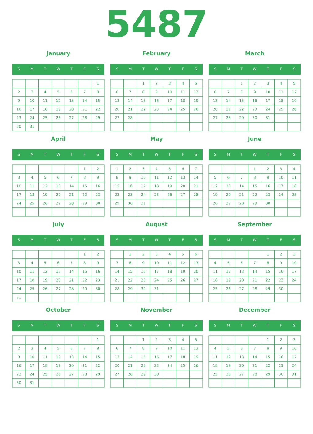 Printable 5487 Year Calendars green