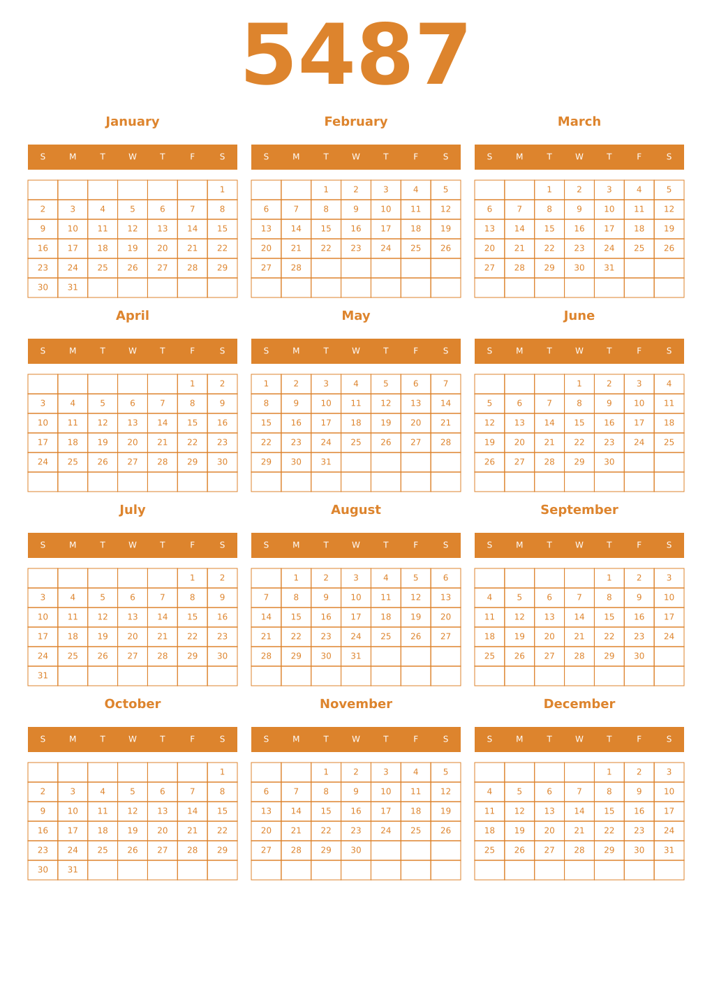 Printable 5487 Year Calendars orange