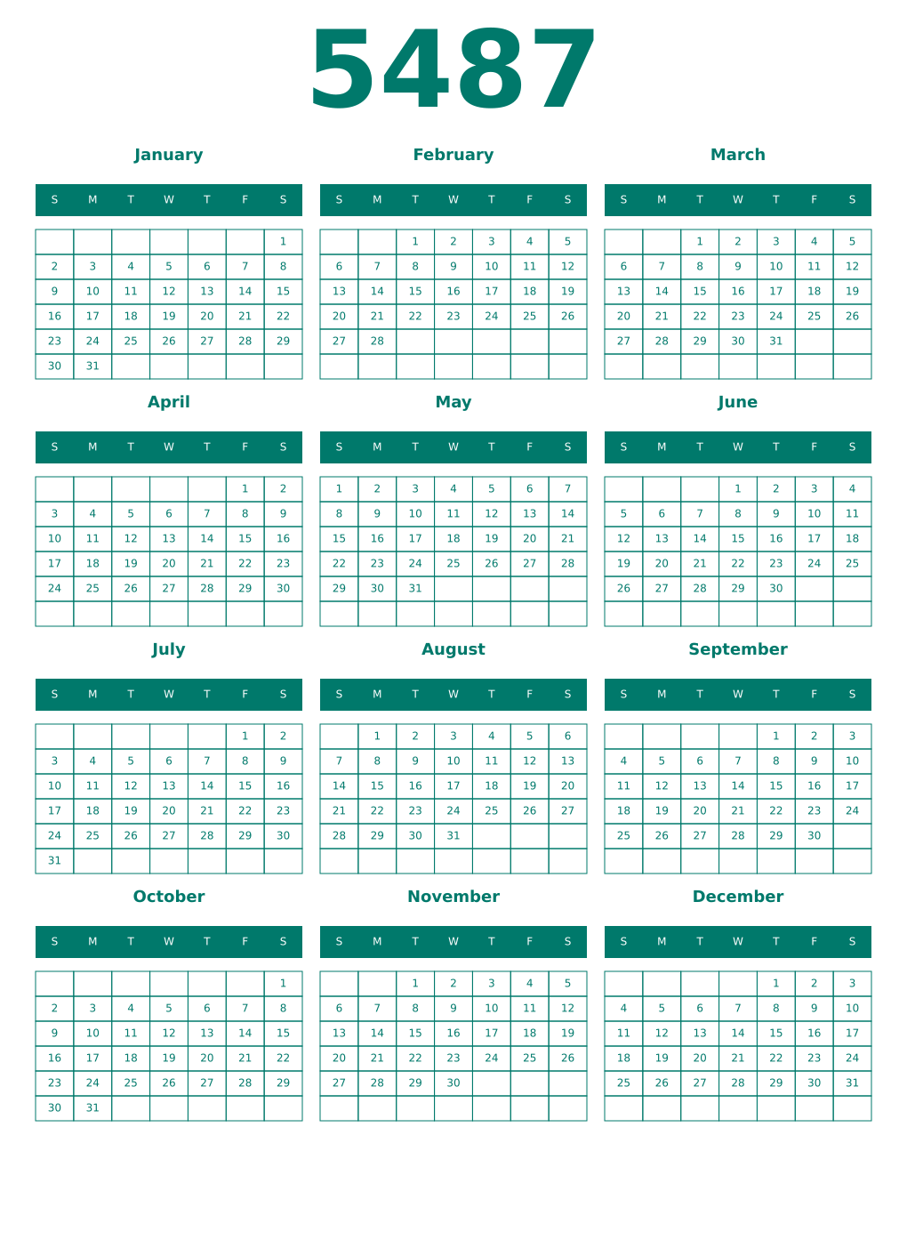 Printable 5487 Year Calendars pastel