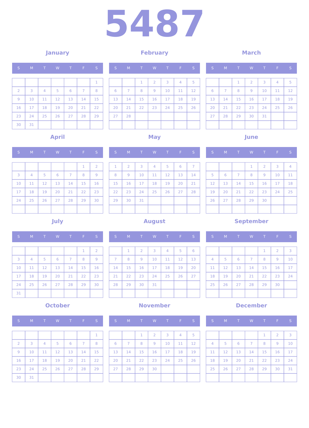 Printable 5487 Year Calendars periwinkle