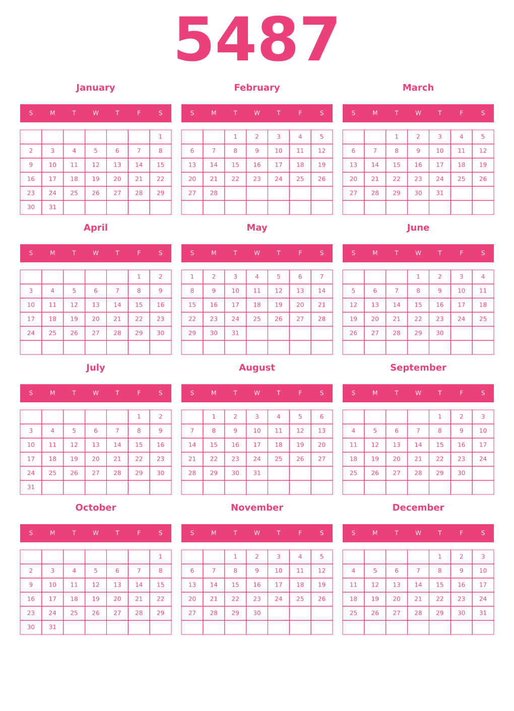 Printable 5487 Year Calendars pink