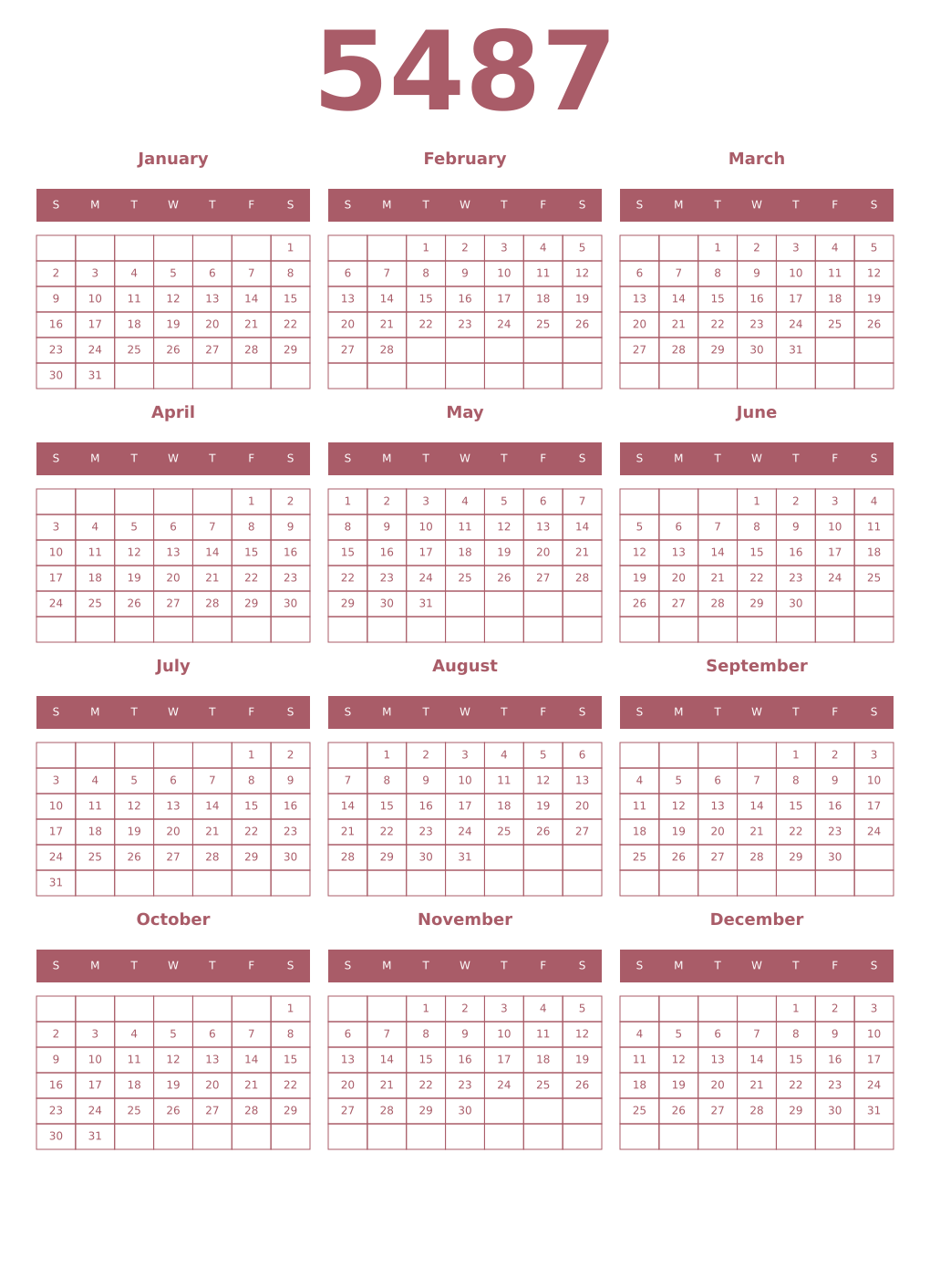 Printable 5487 Year Calendars puce